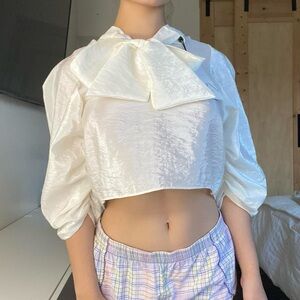Zara NWT Ivory Puff Sleeve Bow Blouse